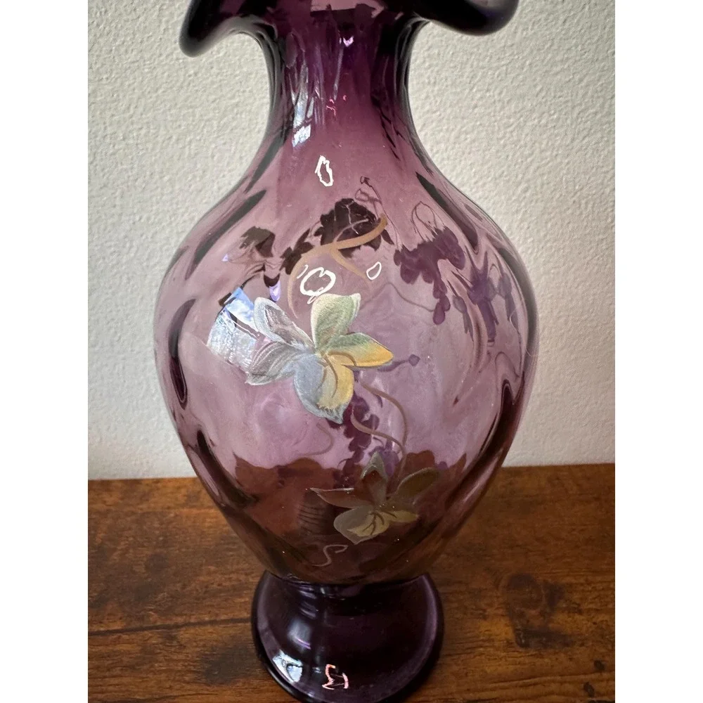 Hand Painted Amethyst Purple Glass Vase Signed by C Smith Ruffled Rim Floral